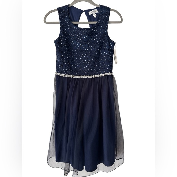 Speechless Kids Navy Lace to Tulle Jeweled Waist Dress Fit and Flare Dress Sz 16 - Picture 1 of 6